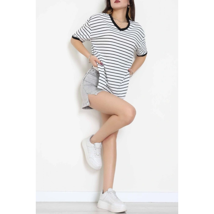 V Yaka Çizgili Rejenere Süprem Tişört Beyazsiyah - 602.1567.