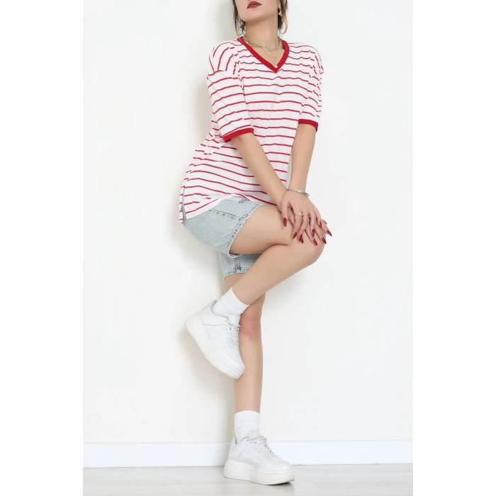 V Yaka Çizgili Rejenere Süprem Tişört Ekrukırmızı - 602.1567.