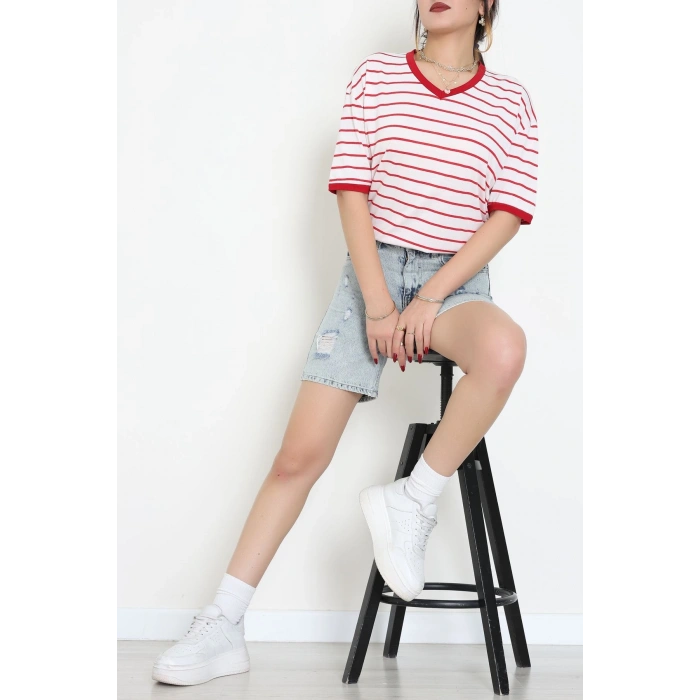 V Yaka Çizgili Rejenere Süprem Tişört Ekrukırmızı - 602.1567.