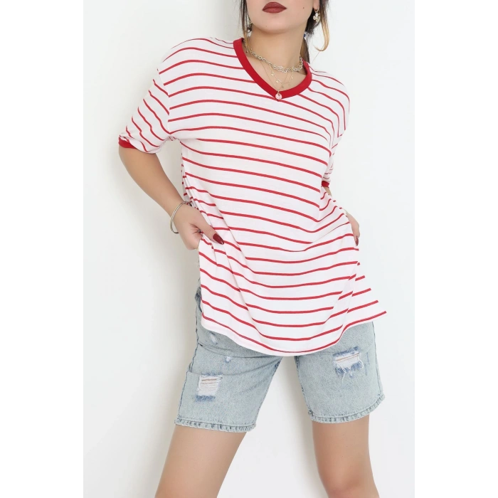 V Yaka Çizgili Rejenere Süprem Tişört Ekrukırmızı - 602.1567.