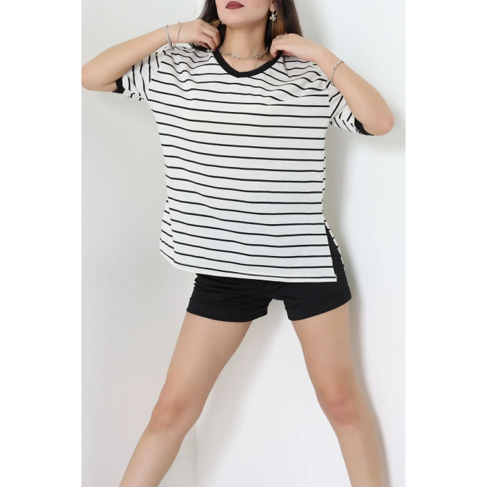 V Yaka Çizgili Rejenere Süprem Tişört Ekrusiyah - 602.1567.