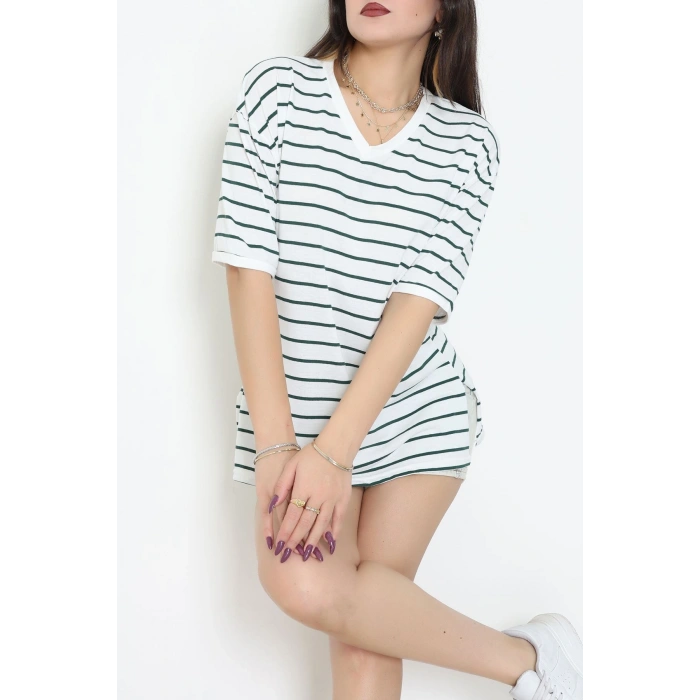 V Yaka Çizgili Rejenere Süprem Tişört Ekruzümrüt - 602.1567.