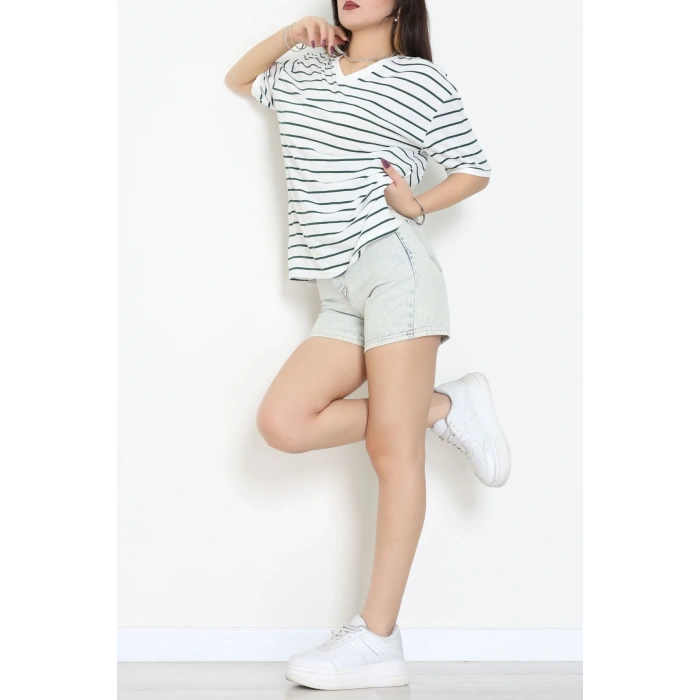 V Yaka Çizgili Rejenere Süprem Tişört Ekruzümrüt - 602.1567.