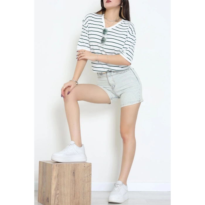 V Yaka Çizgili Rejenere Süprem Tişört Ekruzümrüt - 602.1567.