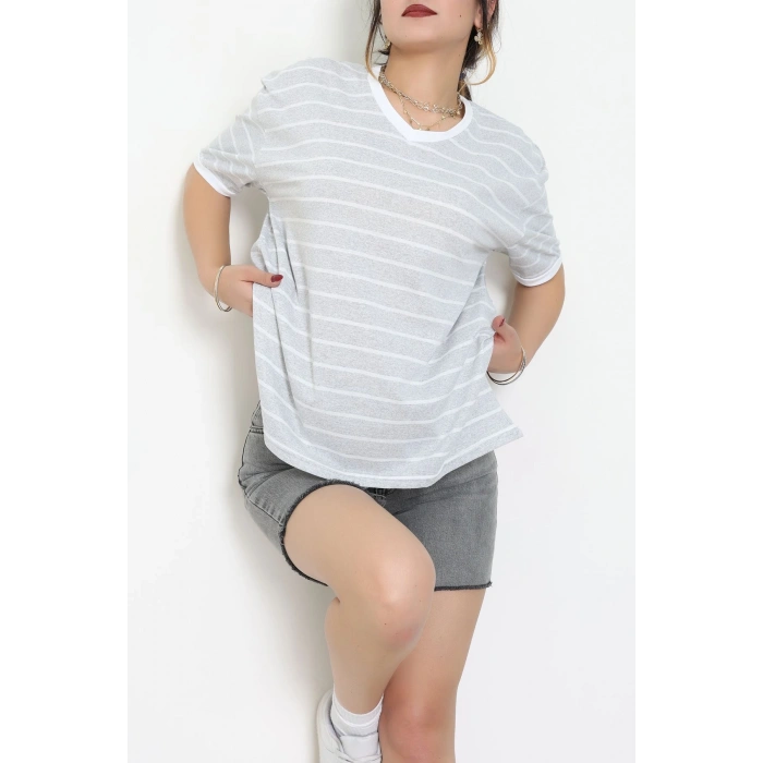 V Yaka Çizgili Rejenere Süprem Tişört Gribeyaz - 602.1567.