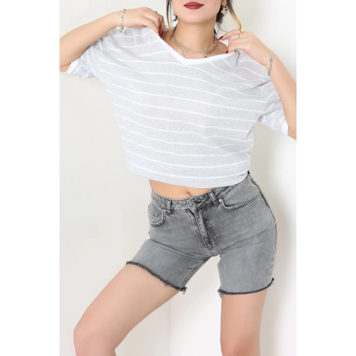 V Yaka Çizgili Rejenere Süprem Tişört Gribeyaz - 602.1567.