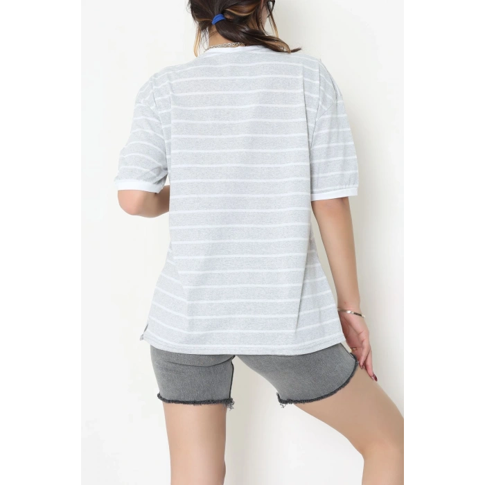 V Yaka Çizgili Rejenere Süprem Tişört Gribeyaz - 602.1567.