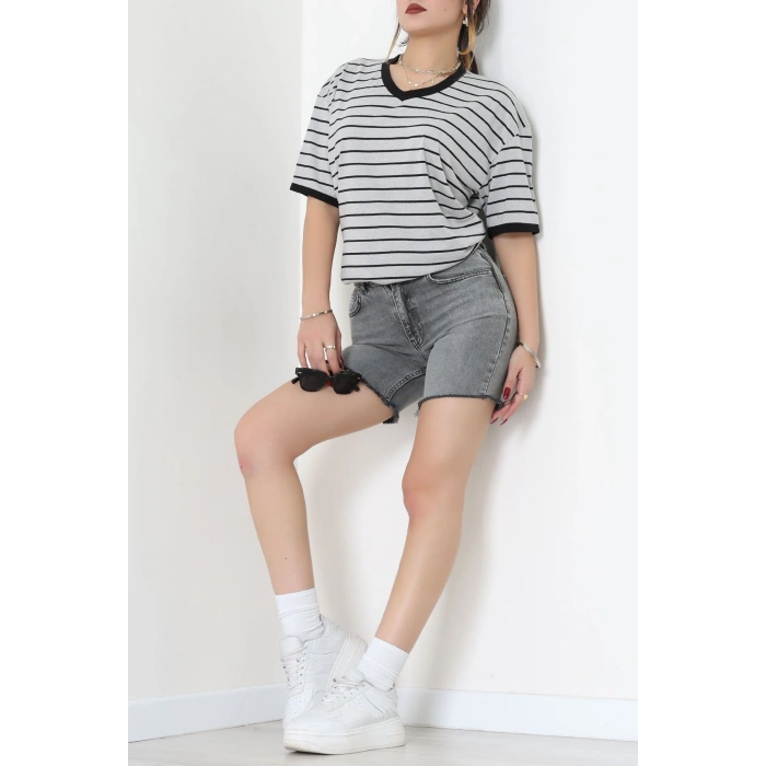 V Yaka Çizgili Rejenere Süprem Tişört Grisiyah - 602.1567.