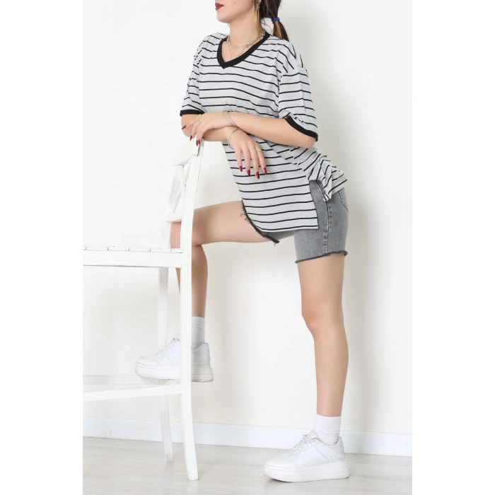 V Yaka Çizgili Rejenere Süprem Tişört Grisiyah - 602.1567.