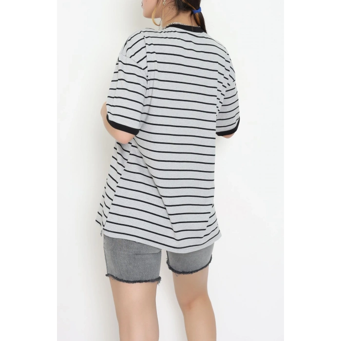 V Yaka Çizgili Rejenere Süprem Tişört Grisiyah - 602.1567.