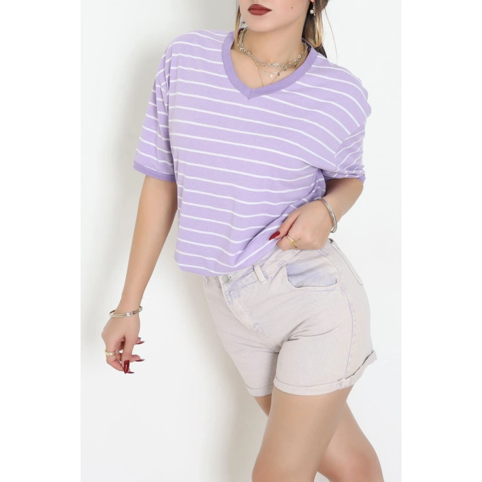 V Yaka Çizgili Rejenere Süprem Tişört Lilabeyaz - 602.1567.