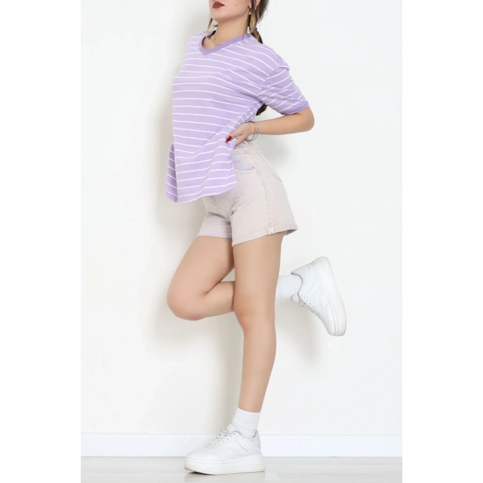 V Yaka Çizgili Rejenere Süprem Tişört Lilabeyaz - 602.1567.