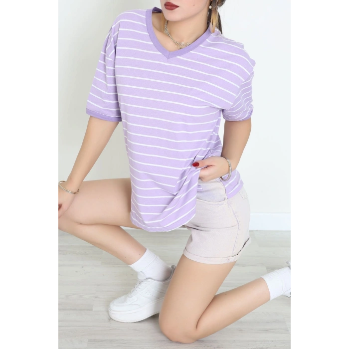 V Yaka Çizgili Rejenere Süprem Tişört Lilabeyaz - 602.1567.