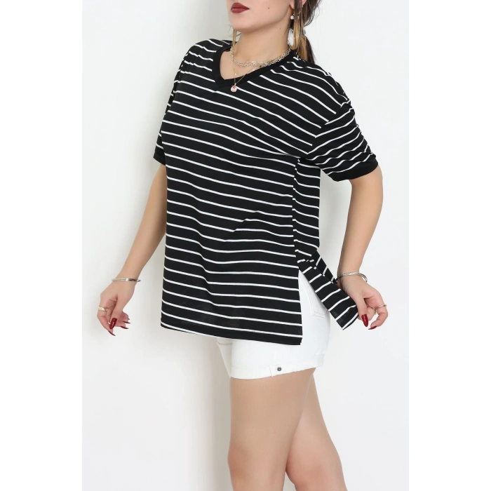 V Yaka Çizgili Rejenere Süprem Tişört Siyahbeyaz - 602.1567.