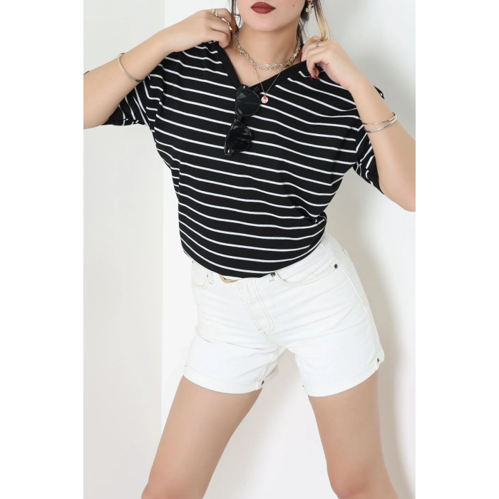 V Yaka Çizgili Rejenere Süprem Tişört Siyahbeyaz - 602.1567.