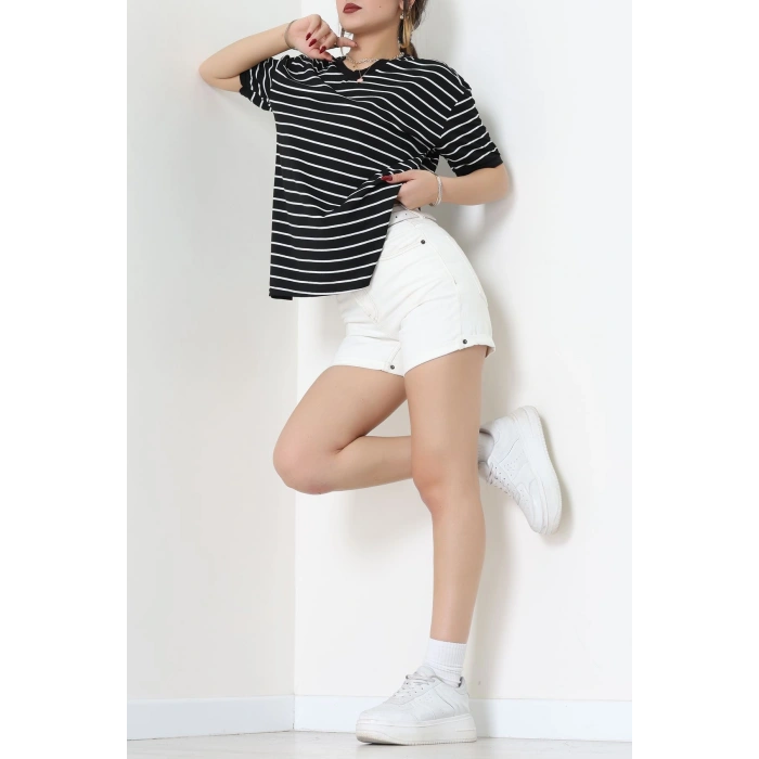 V Yaka Çizgili Rejenere Süprem Tişört Siyahbeyaz - 602.1567.