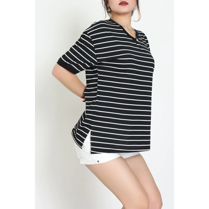 V Yaka Çizgili Rejenere Süprem Tişört Siyahbeyaz - 602.1567.