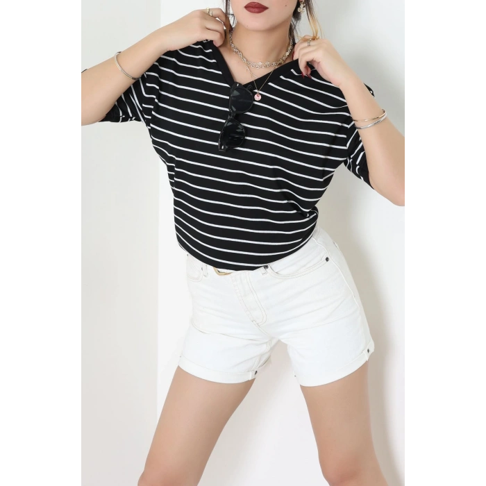 V Yaka Çizgili Rejenere Süprem Tişört Siyahbeyaz - 602.1567.