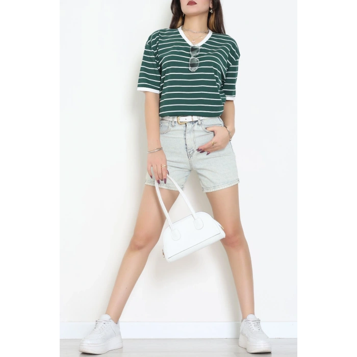 V Yaka Çizgili Rejenere Süprem Tişört Zümrütbeyaz - 602.1567.