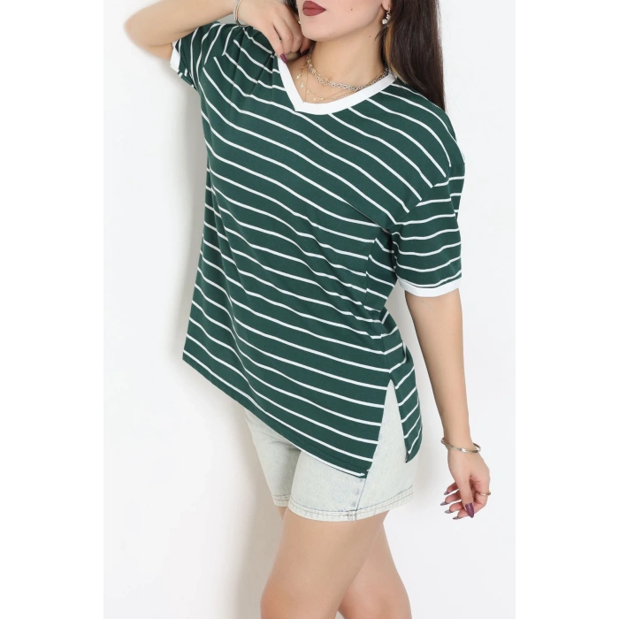 V Yaka Çizgili Rejenere Süprem Tişört Zümrütbeyaz - 602.1567.