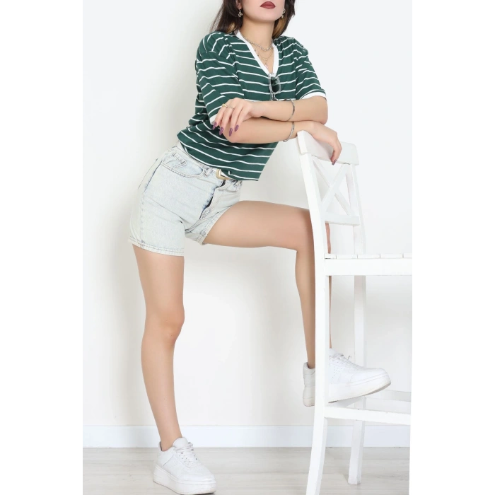 V Yaka Çizgili Rejenere Süprem Tişört Zümrütbeyaz - 602.1567.