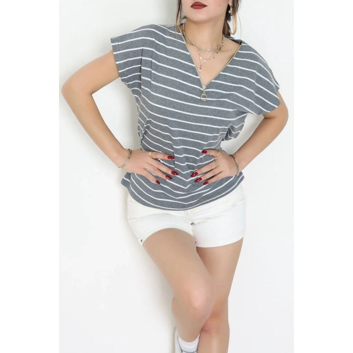 V Yaka Fermuarlı Rejenere Süprem Tişört Antrasitbeyaz - 600.1567.