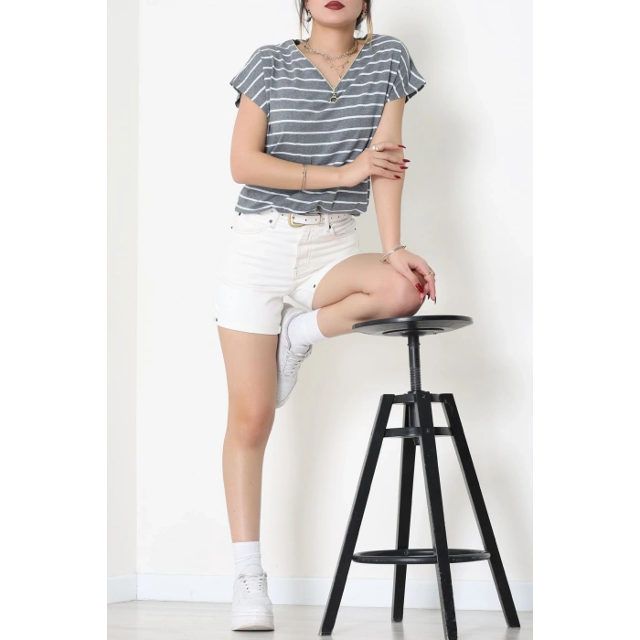 V Yaka Fermuarlı Rejenere Süprem Tişört Antrasitbeyaz - 600.1567.