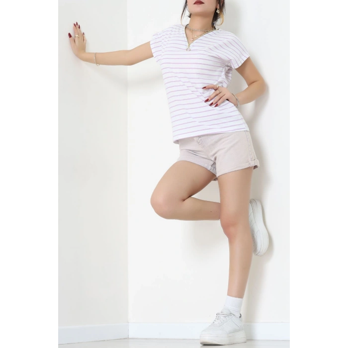 V Yaka Fermuarlı Rejenere Süprem Tişört Beyazlila - 600.1567.