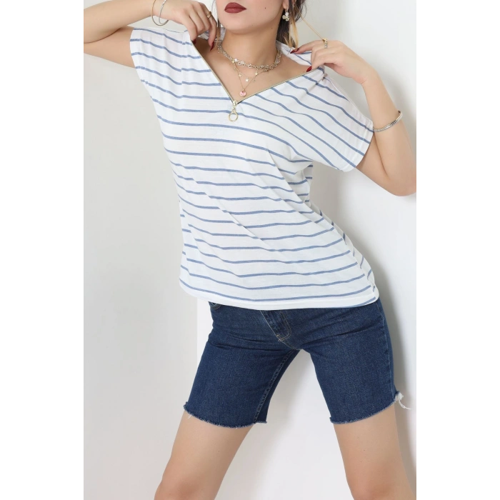 V Yaka Fermuarlı Rejenere Süprem Tişört Beyazmavi - 600.1567.