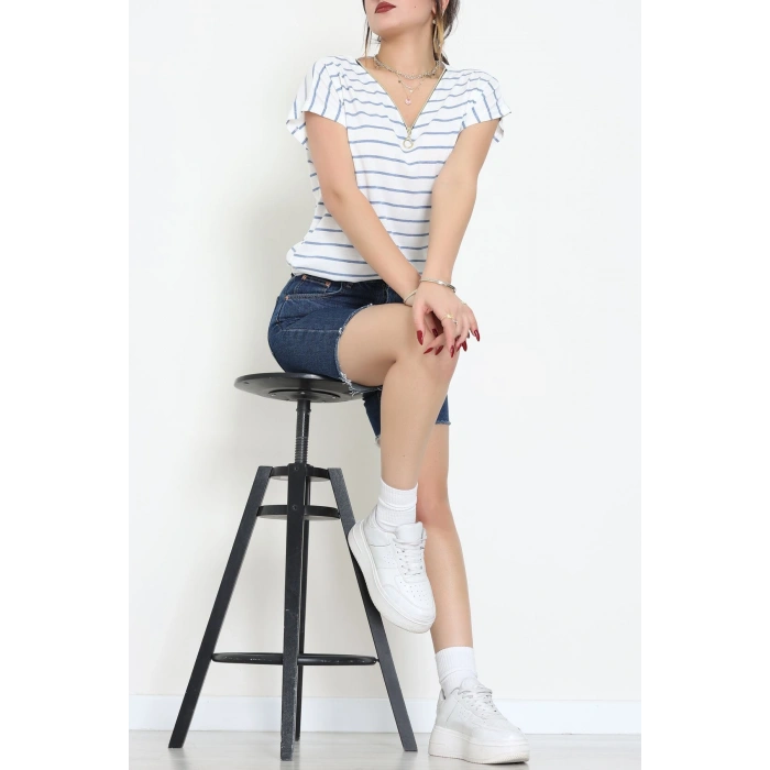 V Yaka Fermuarlı Rejenere Süprem Tişört Beyazmavi - 600.1567.