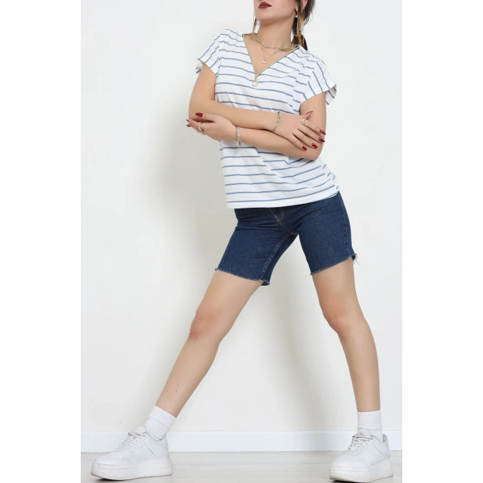 V Yaka Fermuarlı Rejenere Süprem Tişört Beyazmavi - 600.1567.