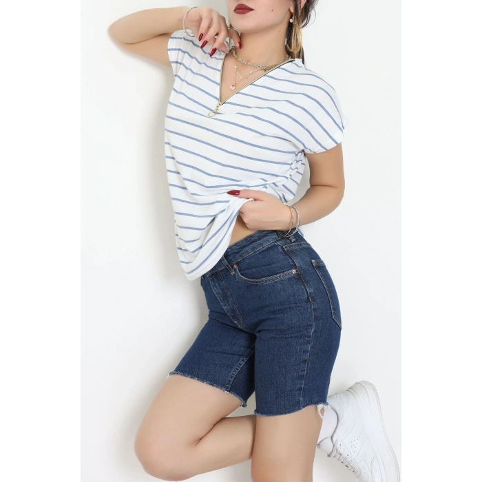 V Yaka Fermuarlı Rejenere Süprem Tişört Beyazmavi - 600.1567.