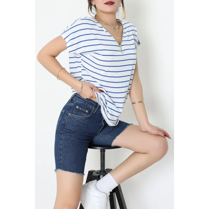 V Yaka Fermuarlı Rejenere Süprem Tişört Beyazsaks - 600.1567.