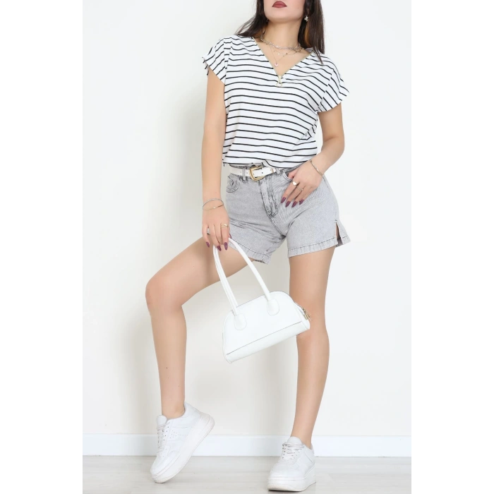 V Yaka Fermuarlı Rejenere Süprem Tişört Beyazsiyah - 600.1567.