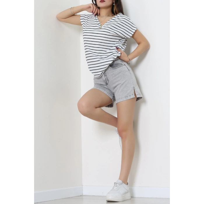 V Yaka Fermuarlı Rejenere Süprem Tişört Beyazsiyah - 600.1567.