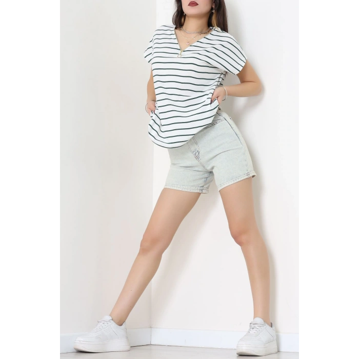 V Yaka Fermuarlı Rejenere Süprem Tişört Beyazzümrüt - 600.1567.