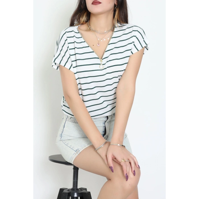 V Yaka Fermuarlı Rejenere Süprem Tişört Beyazzümrüt - 600.1567.