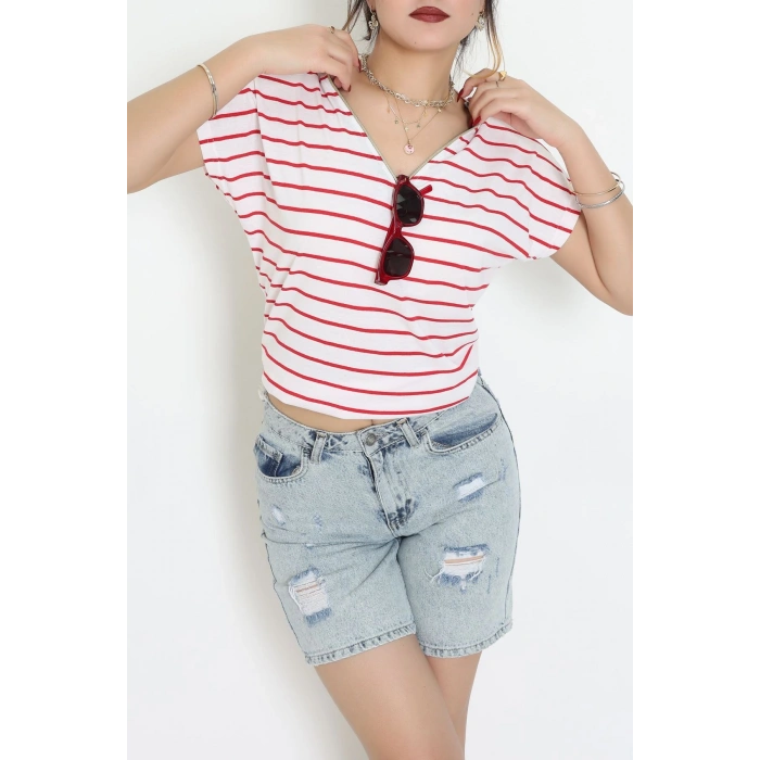 V Yaka Fermuarlı Rejenere Süprem Tişört Ekrukırmızı - 600.1567.