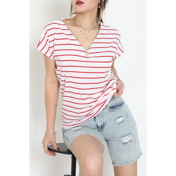 V Yaka Fermuarlı Rejenere Süprem Tişört Ekrukırmızı - 600.1567.