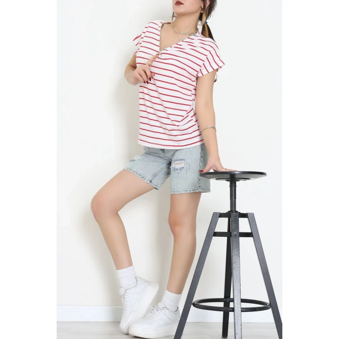 V Yaka Fermuarlı Rejenere Süprem Tişört Ekrukırmızı - 600.1567.