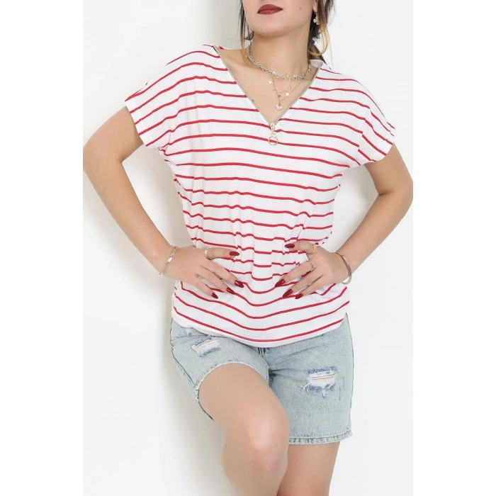 V Yaka Fermuarlı Rejenere Süprem Tişört Ekrukırmızı - 600.1567.