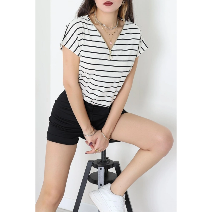 V Yaka Fermuarlı Rejenere Süprem Tişört Ekrusiyah - 600.1567.