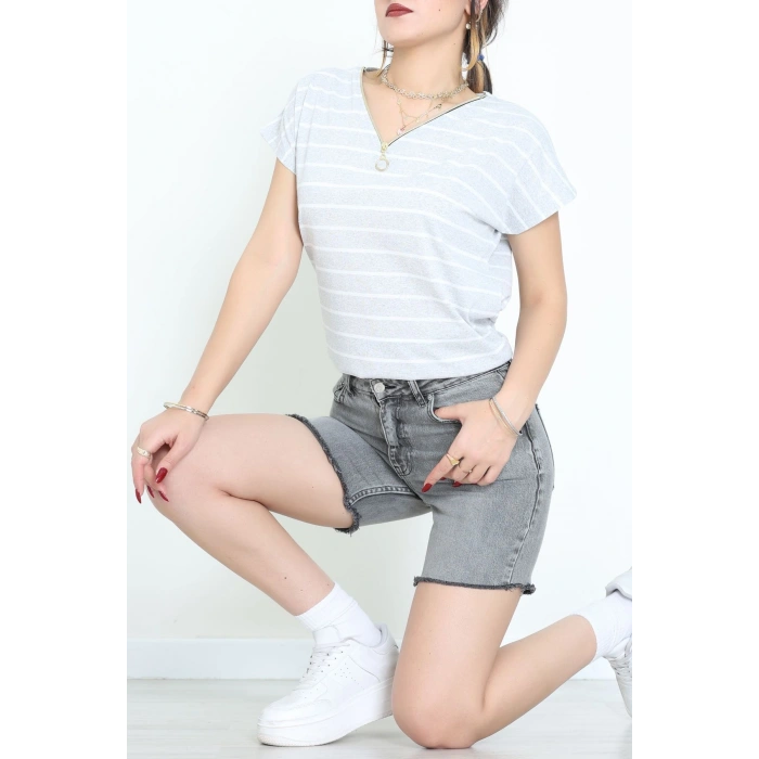 V Yaka Fermuarlı Rejenere Süprem Tişört Gribeyaz - 600.1567.