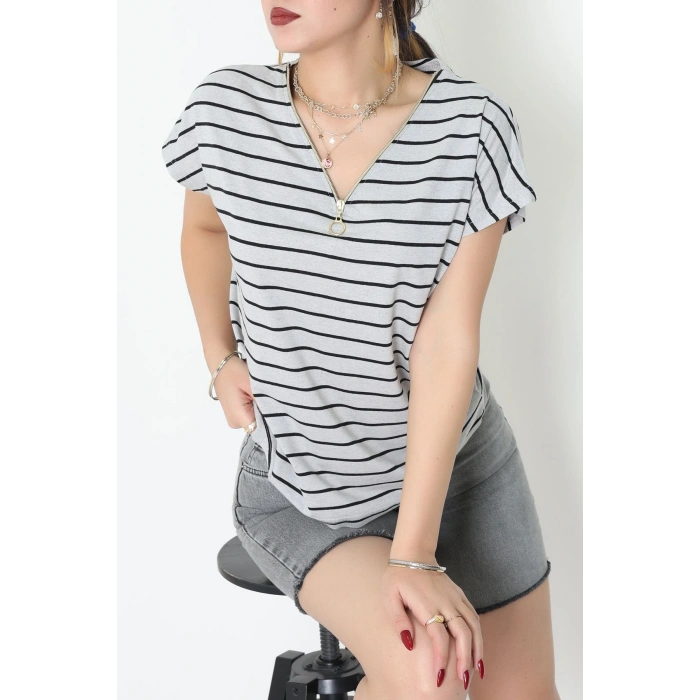 V Yaka Fermuarlı Rejenere Süprem Tişört Grisiyah - 600.1567.