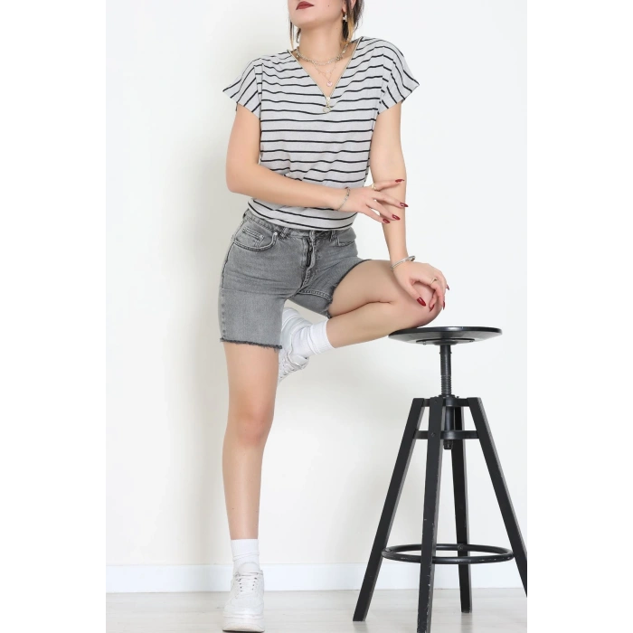 V Yaka Fermuarlı Rejenere Süprem Tişört Grisiyah - 600.1567.