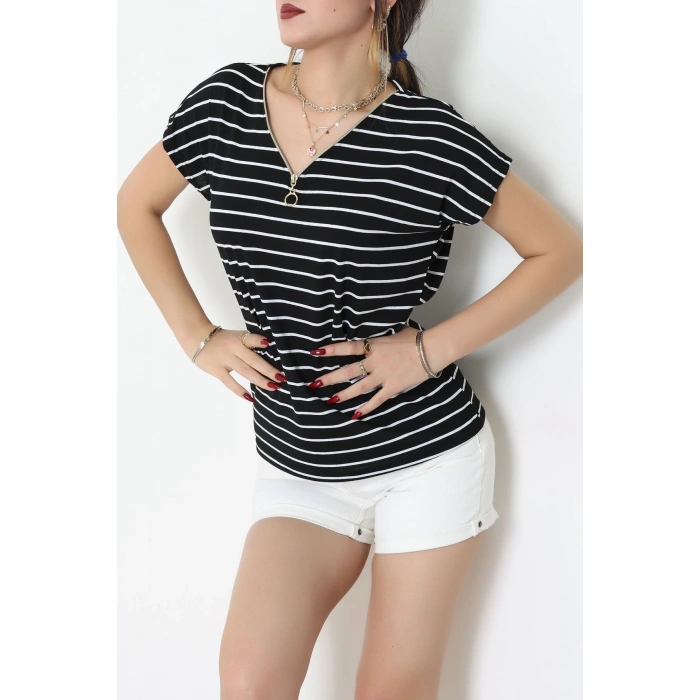 V Yaka Fermuarlı Rejenere Süprem Tişört Siyahbeyaz - 600.1567.