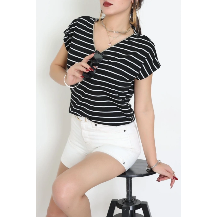 V Yaka Fermuarlı Rejenere Süprem Tişört Siyahbeyaz - 600.1567.