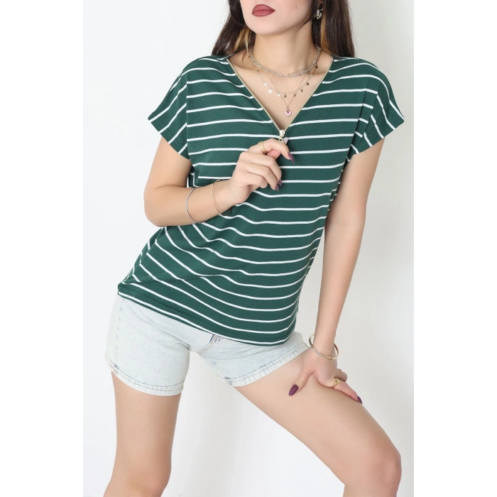 V Yaka Fermuarlı Rejenere Süprem Tişört Zümrütbeyaz - 600.1567.