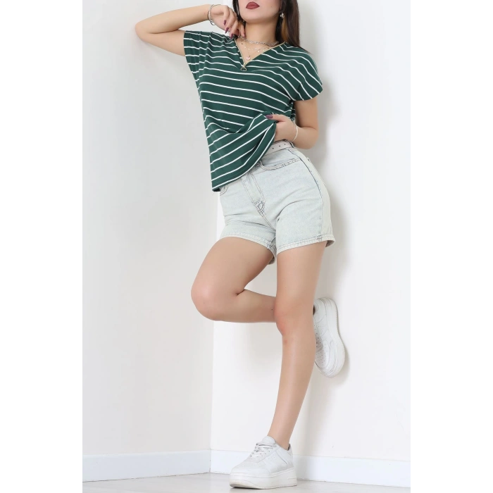 V Yaka Fermuarlı Rejenere Süprem Tişört Zümrütbeyaz - 600.1567.