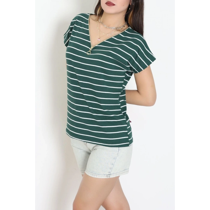 V Yaka Fermuarlı Rejenere Süprem Tişört Zümrütbeyaz - 600.1567.